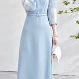 異素材シアーチェック切替カシュクールベルトロングワンピース 2色入 - liwisi