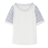 ラウンドネック小花柄切替パフTシャツ - liwisi