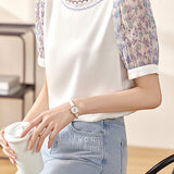 ラウンドネック小花柄切替パフTシャツ - liwisi