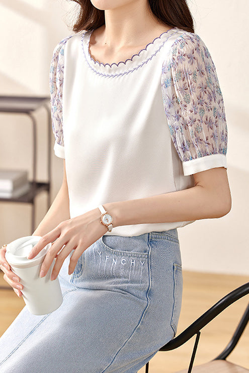 ラウンドネック小花柄切替パフTシャツ - liwisi