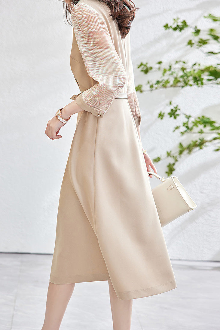 異素材シアーチェック切替カシュクールベルトロングワンピース 2色入 - liwisi