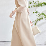 異素材シアーチェック切替カシュクールベルトロングワンピース 2色入 - liwisi