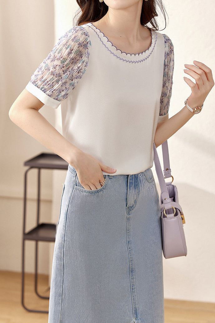 ラウンドネック小花柄切替パフTシャツ - liwisi