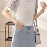 ラウンドネック小花柄切替パフTシャツ - liwisi