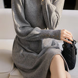 モックネックベルテッドパフスリーブロングニットワンピース 4色入 - liwisi