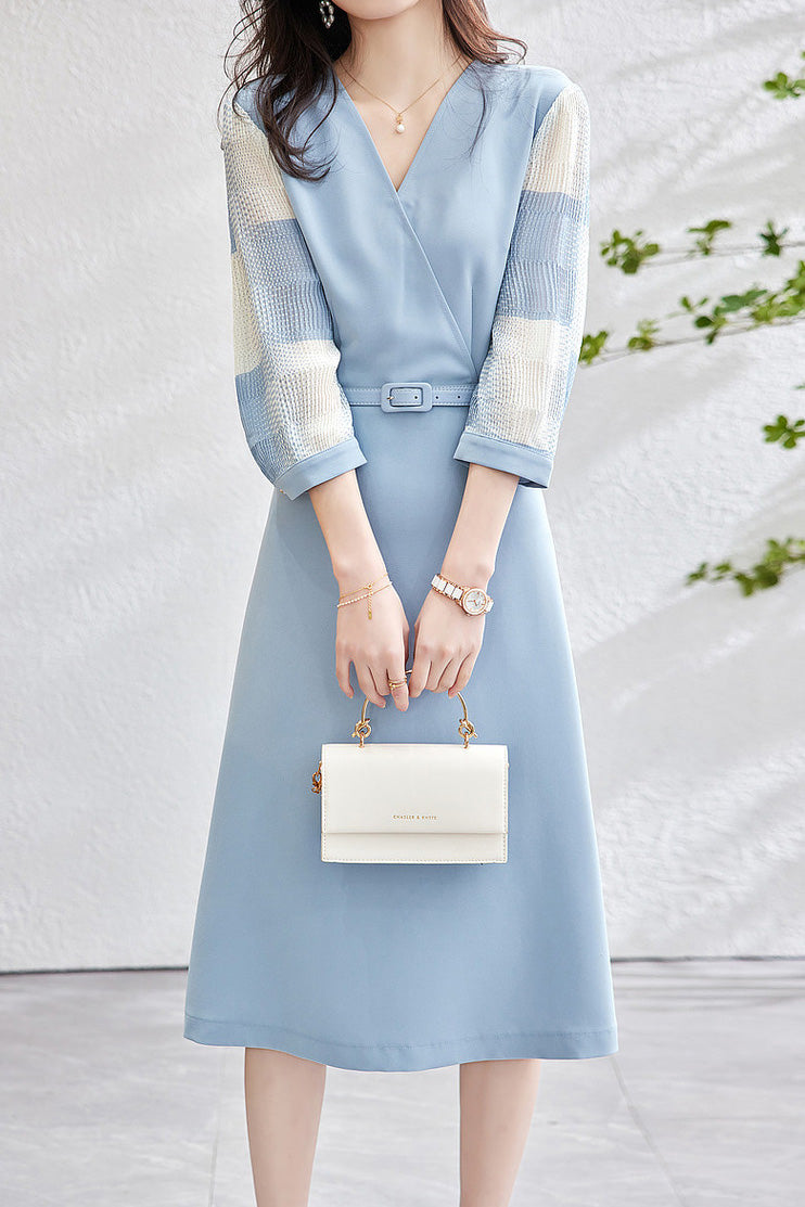 異素材シアーチェック切替カシュクールベルトロングワンピース 2色入 - liwisi