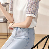 ラウンドネック小花柄切替パフTシャツ - liwisi