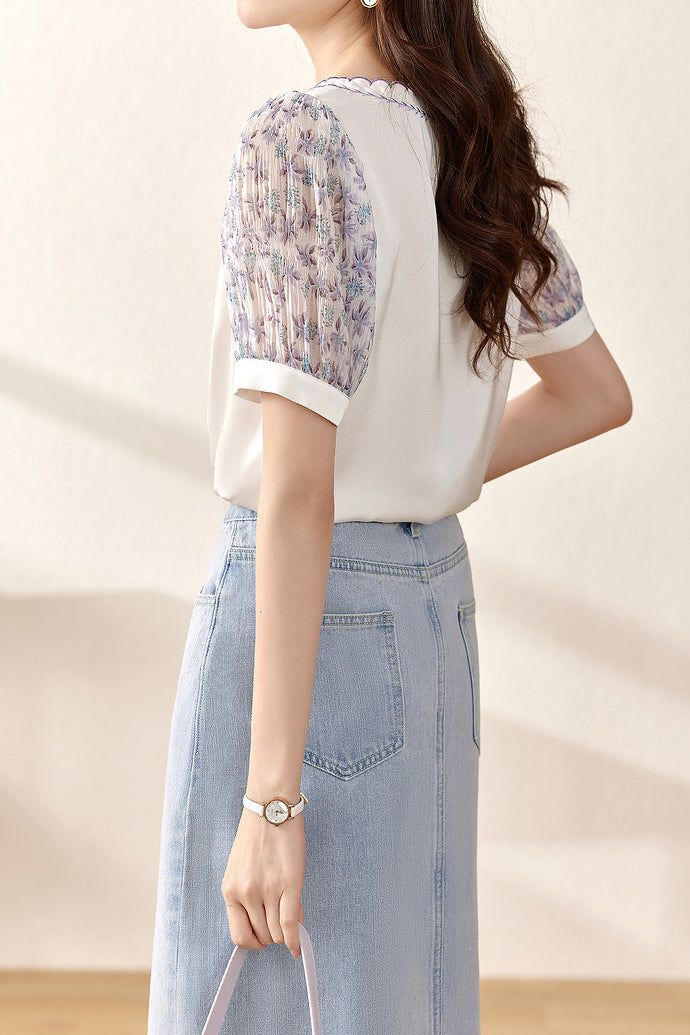 ラウンドネック小花柄切替パフTシャツ - liwisi