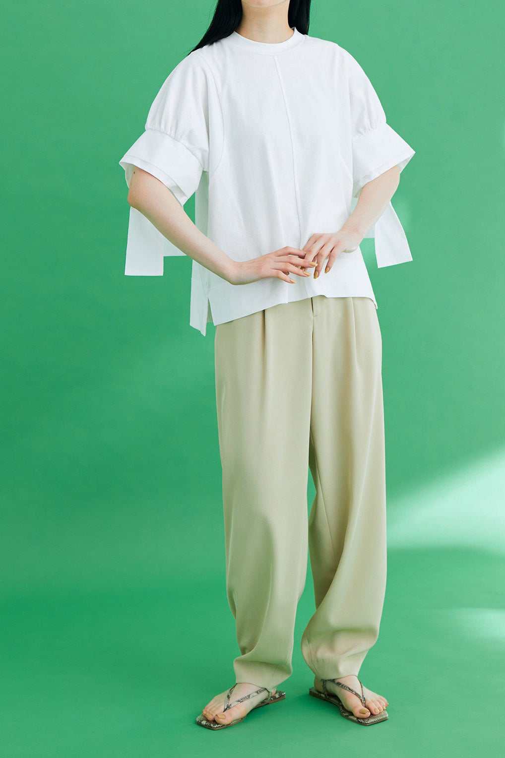 異素材ラウンドネックリボン袖Tシャツ 3色入 - liwisi