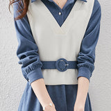 レイヤード風ポロカラーバックルベルテッドワンピース 2色入 - liwisi