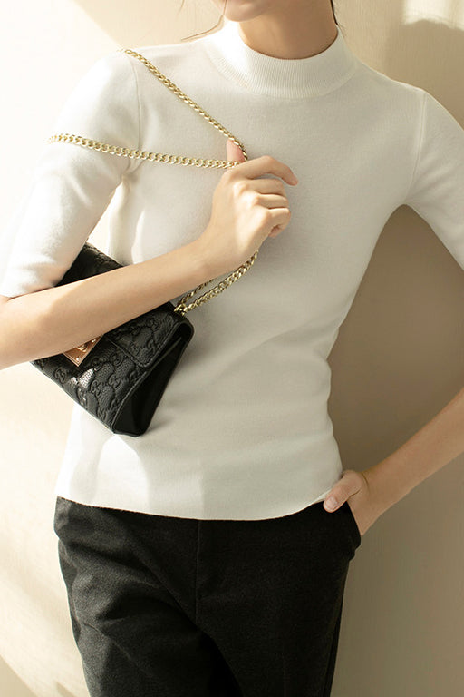 ボトルネック半袖ベーシックニットトップス 11色入 - liwisi