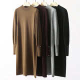 モックネックベルテッドパフスリーブロングニットワンピース 4色入 - liwisi