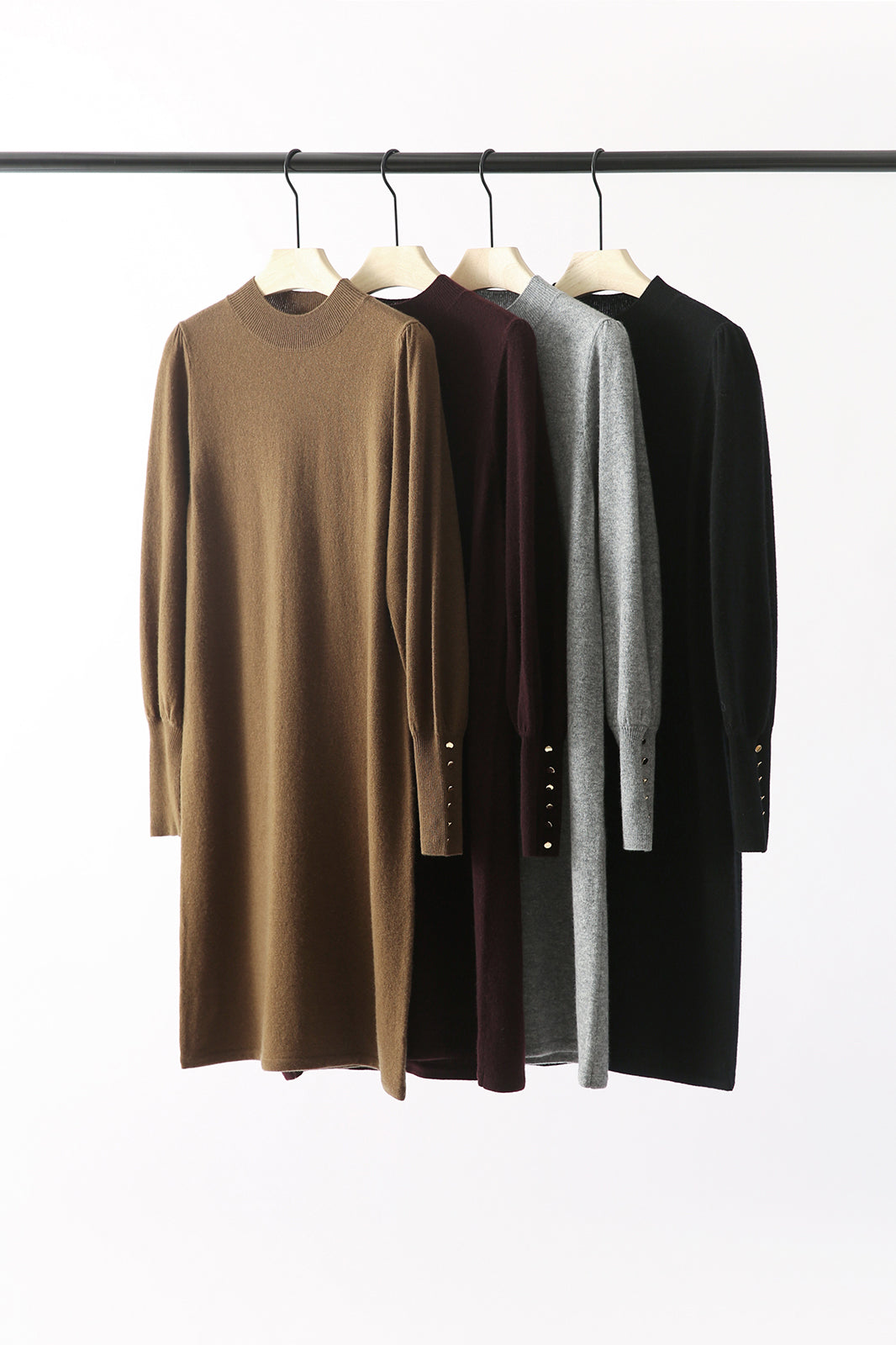 モックネックベルテッドパフスリーブロングニットワンピース 4色入 - liwisi