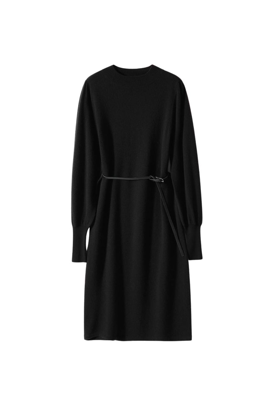 モックネックベルテッドパフスリーブロングニットワンピース 4色入 - liwisi