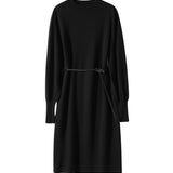 モックネックベルテッドパフスリーブロングニットワンピース 4色入 - liwisi