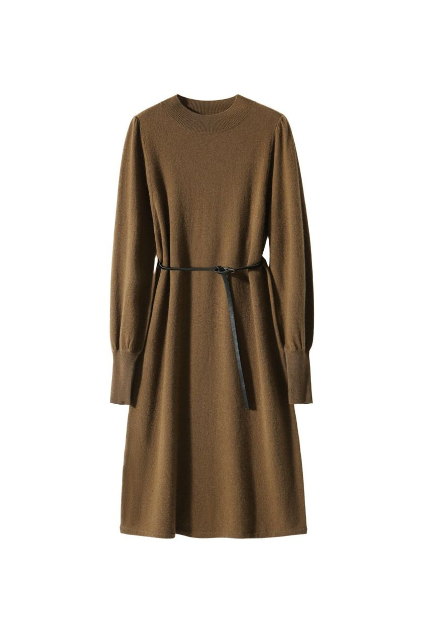 モックネックベルテッドパフスリーブロングニットワンピース 4色入 - liwisi