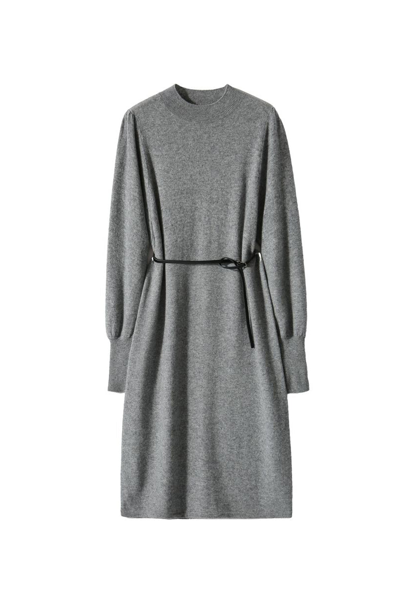 モックネックベルテッドパフスリーブロングニットワンピース 4色入 - liwisi