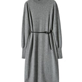 モックネックベルテッドパフスリーブロングニットワンピース 4色入 - liwisi