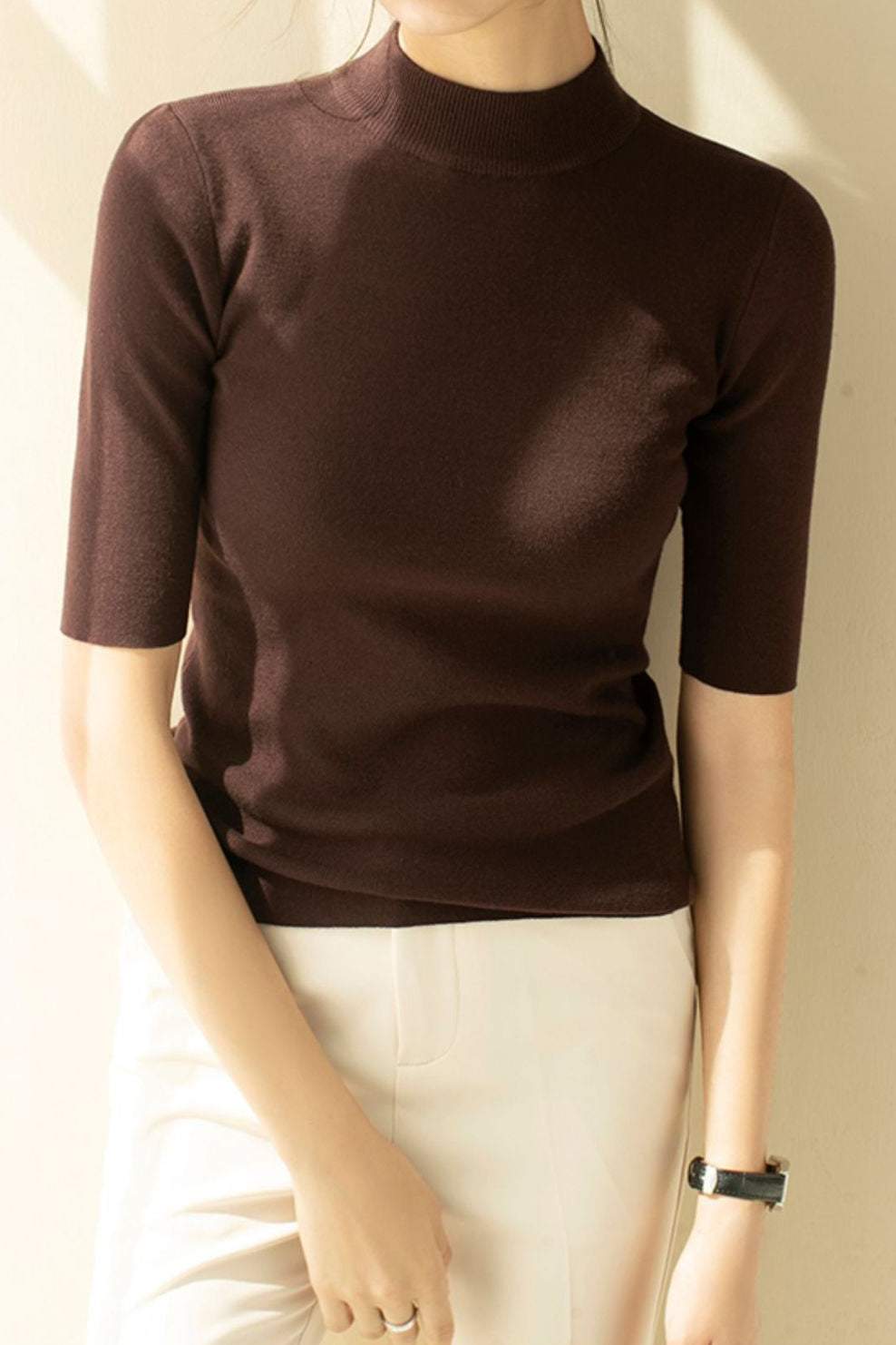 ボトルネック半袖ベーシックニットトップス 11色入 - liwisi