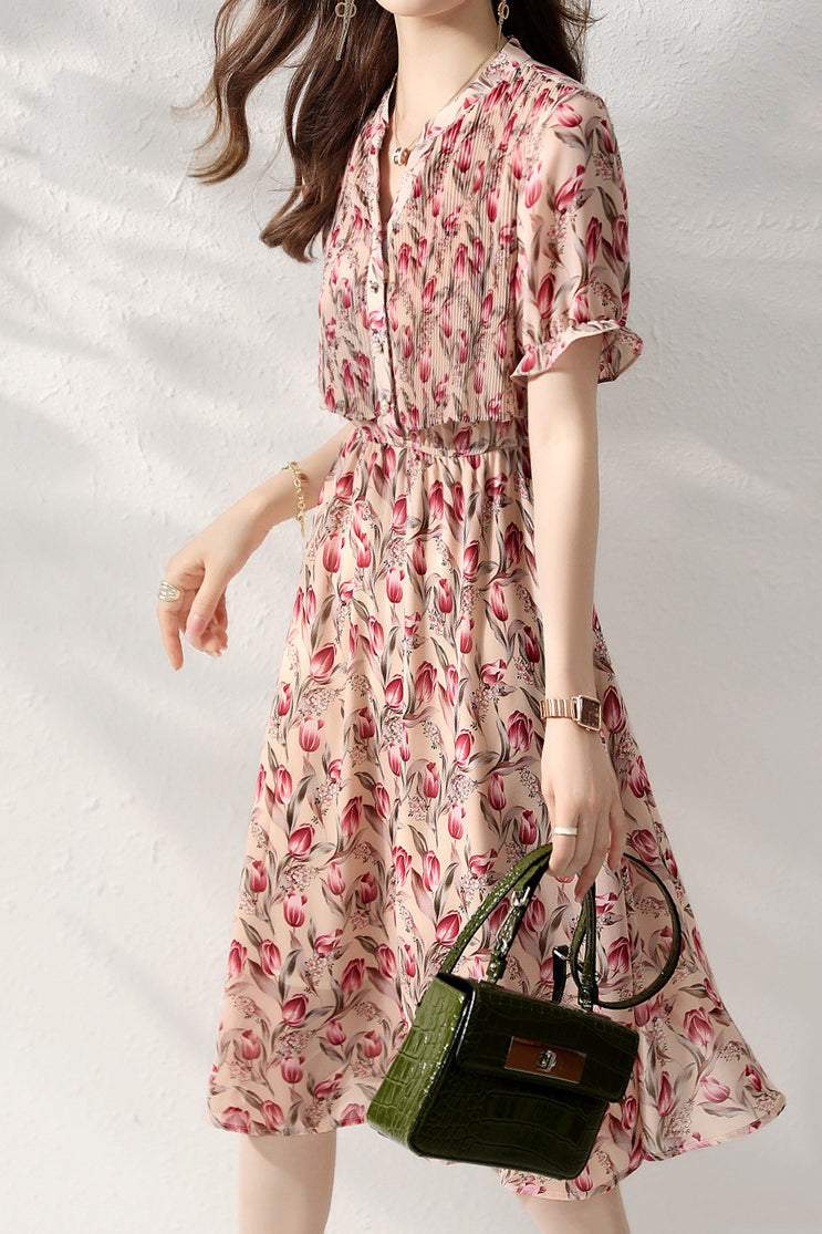 プリーツドッキングシフォンワンピース 裏地付 - liwisi