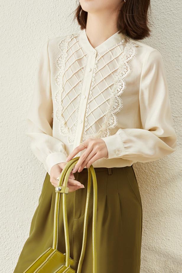 【PreOrder】【三月上旬出荷予定】菱柄ピンタックレース切替ビブヨークシャツ 3色入 - liwisi