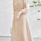 異素材シアーチェック切替カシュクールベルトロングワンピース 2色入 - liwisi