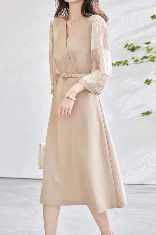 異素材シアーチェック切替カシュクールベルトロングワンピース 2色入 - liwisi