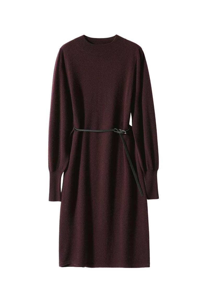 モックネックベルテッドパフスリーブロングニットワンピース 4色入 - liwisi