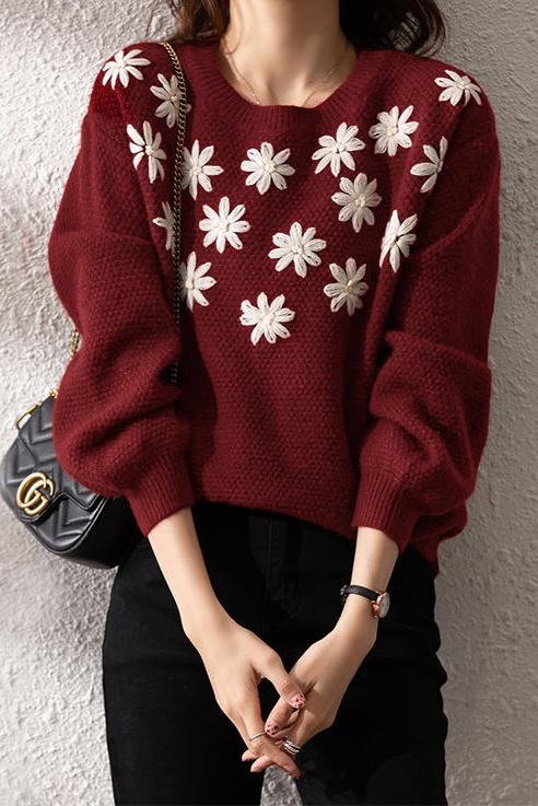 刺繡花パフニットトップス 2色入 - liwisi