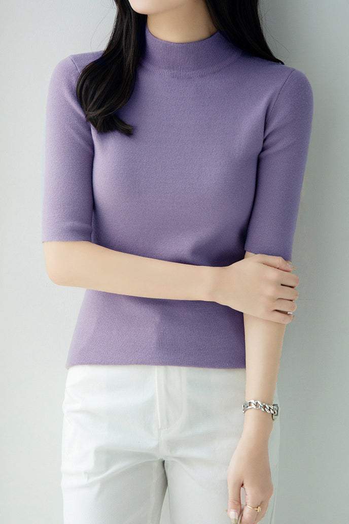 ボトルネック半袖ベーシックニットトップス 11色入 - liwisi