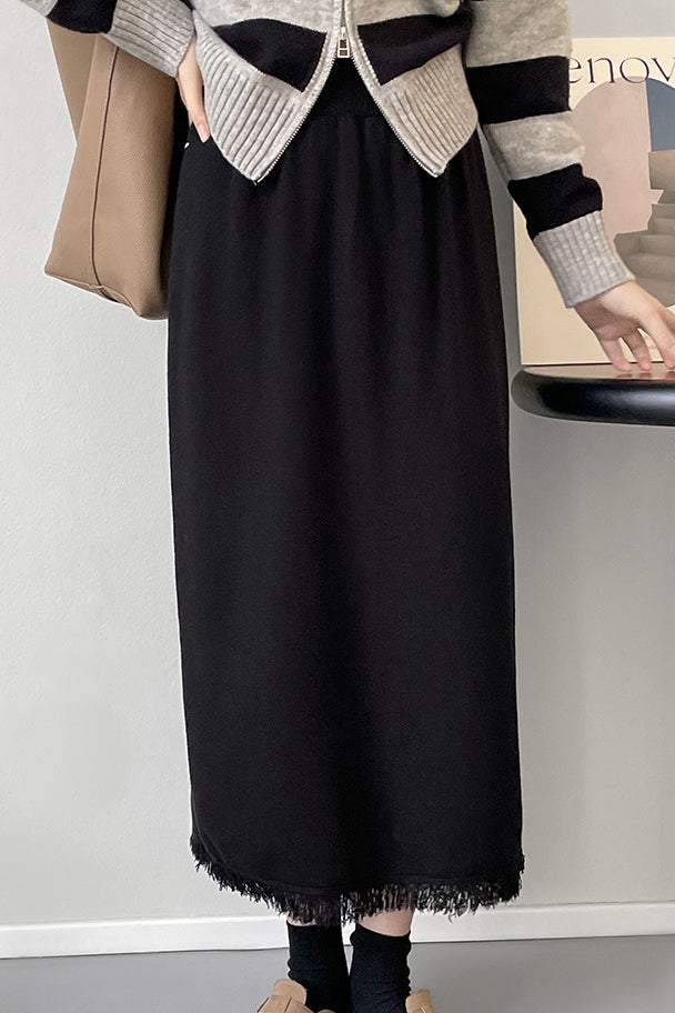 バックスリットフリンジヘムロングニットスカート 4色入 - liwisi