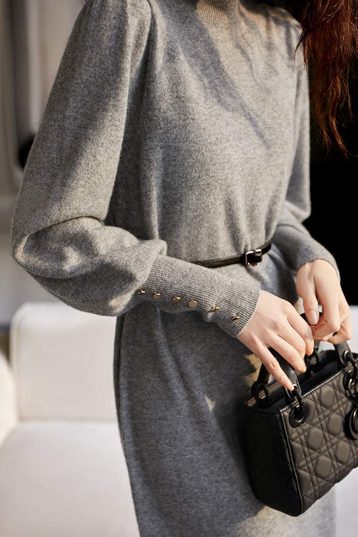 モックネックベルテッドパフスリーブロングニットワンピース 4色入 - liwisi