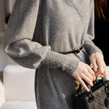 モックネックベルテッドパフスリーブロングニットワンピース 4色入 - liwisi