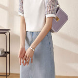 ラウンドネック小花柄切替パフTシャツ - liwisi