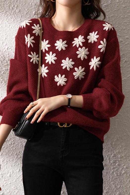 刺繡花パフニットトップス 2色入 - liwisi