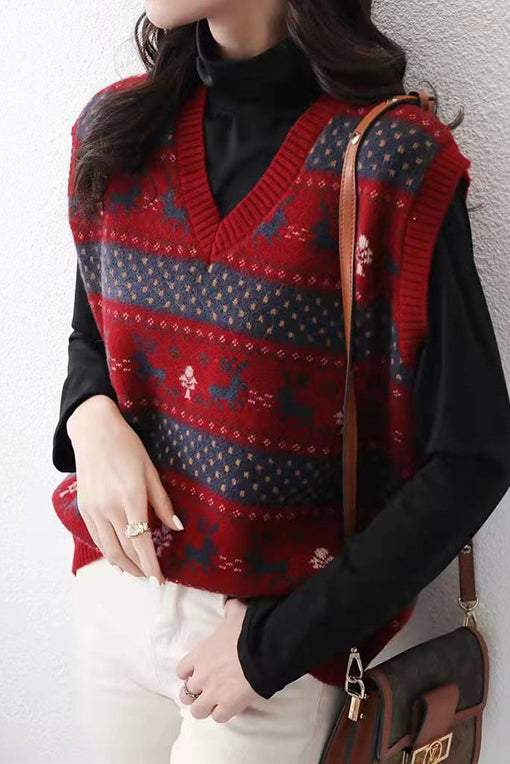 Vネックレトロフェアアイルニットベスト 3色入 - liwisi