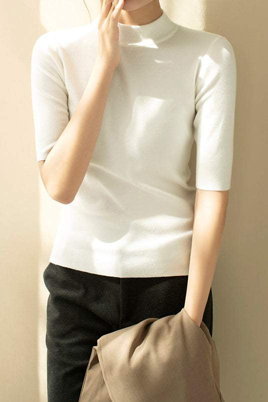 ボトルネック半袖ベーシックニットトップス 11色入 - liwisi