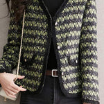 シャネル風Vネック配色チェックツイードジャケット 裏地付 - liwisi