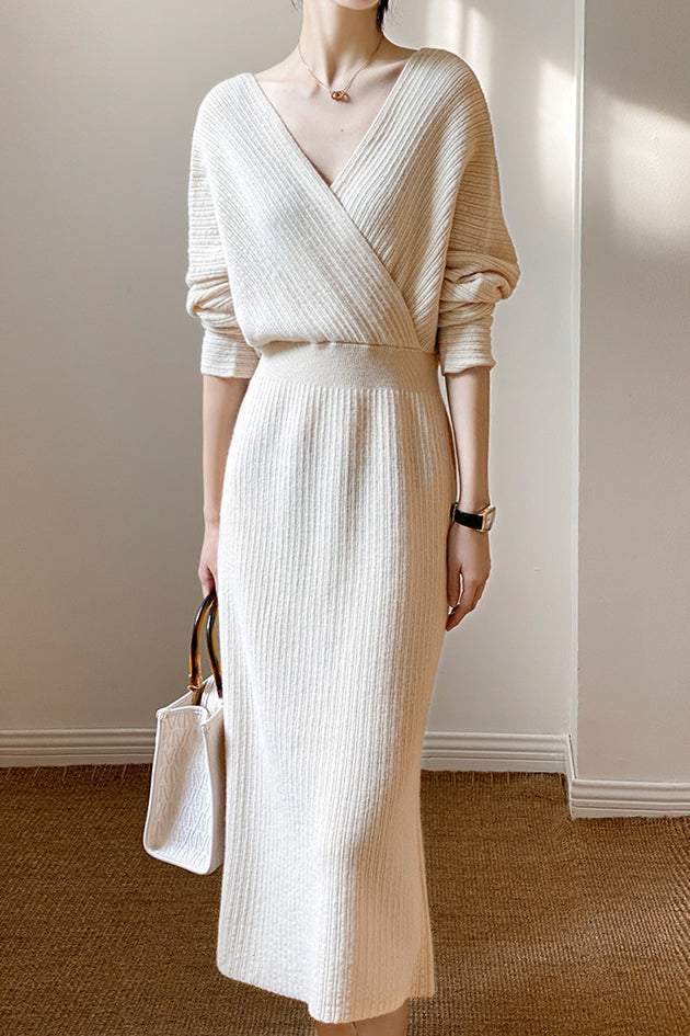 surplice knit dress Surplice Neck Tie Waist Sweater Dress Ivory / M
