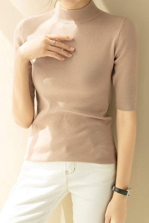 ボトルネック半袖ベーシックニットトップス 11色入 - liwisi
