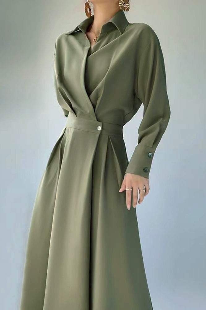 Skipper collar tuck-in long shirt dress, 2 colors included