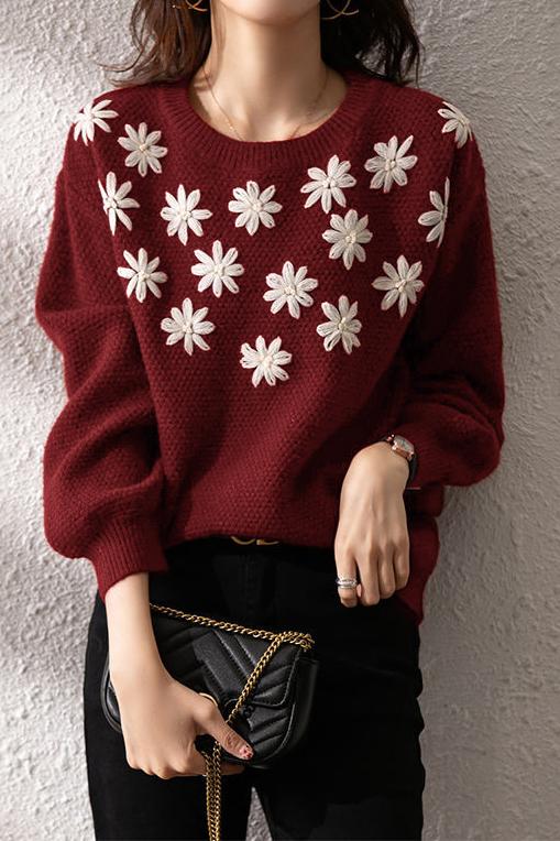 刺繡花パフニットトップス 2色入 - liwisi