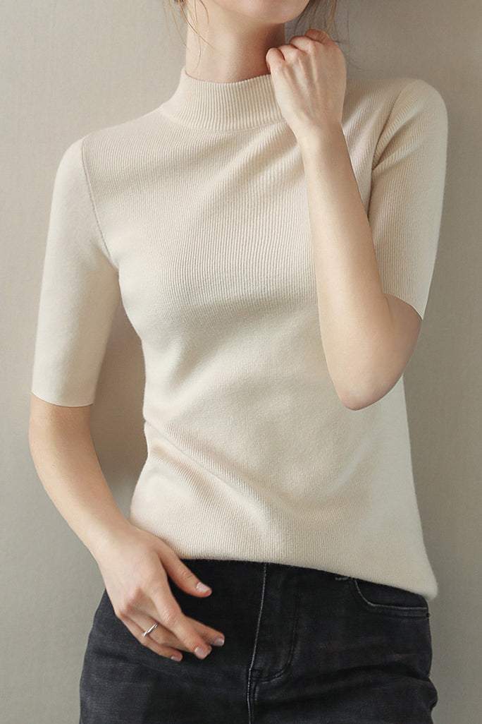 ボトルネック半袖ベーシックニットトップス 11色入 - liwisi