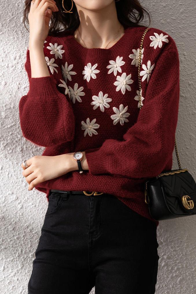 刺繡花パフニットトップス 2色入 - liwisi