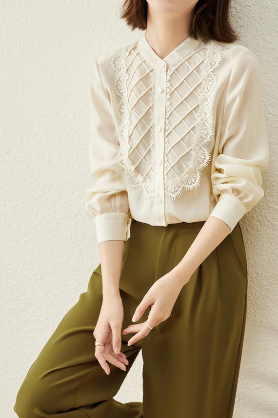 【PreOrder】【三月上旬出荷予定】菱柄ピンタックレース切替ビブヨークシャツ 3色入 - liwisi