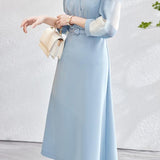 異素材シアーチェック切替カシュクールベルトロングワンピース 2色入 - liwisi