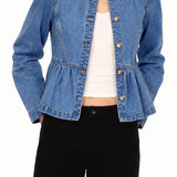 Casual Topstitch Gathered Waist Denim Jacket