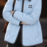 Casual Color Contrast Lapel Diamond Quilted Long Sleeve Puffer Coat
