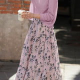 Soft Casual Knit Crewneck Top & Printed Midi Skirt Two-Piece Set