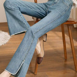 Elegant Office Pearl-Decorated Split-Hem Stretch Bootcut Jeans